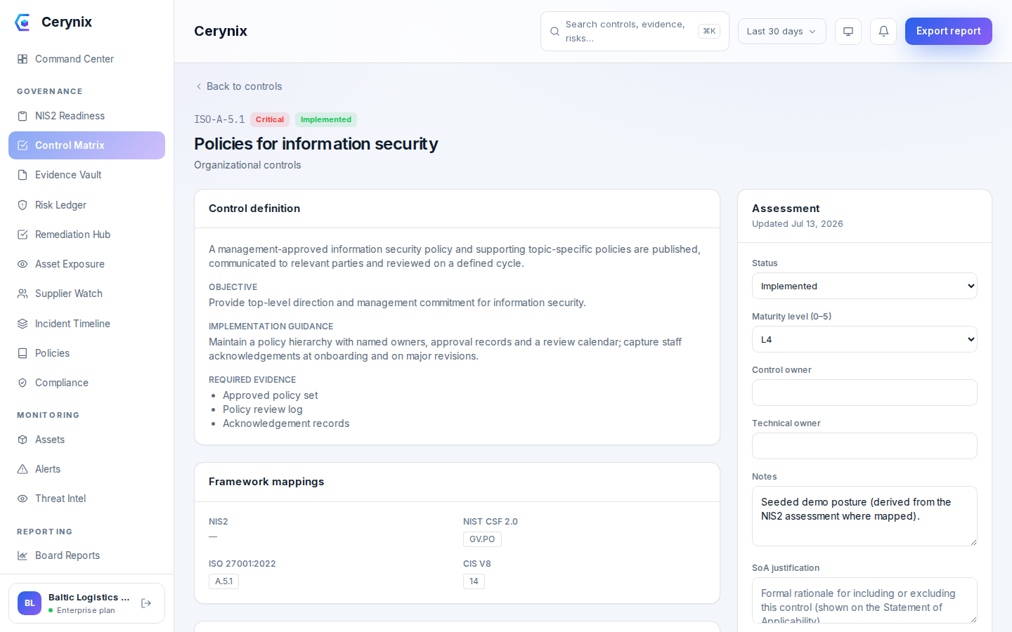 Cerynix control assessment detail view