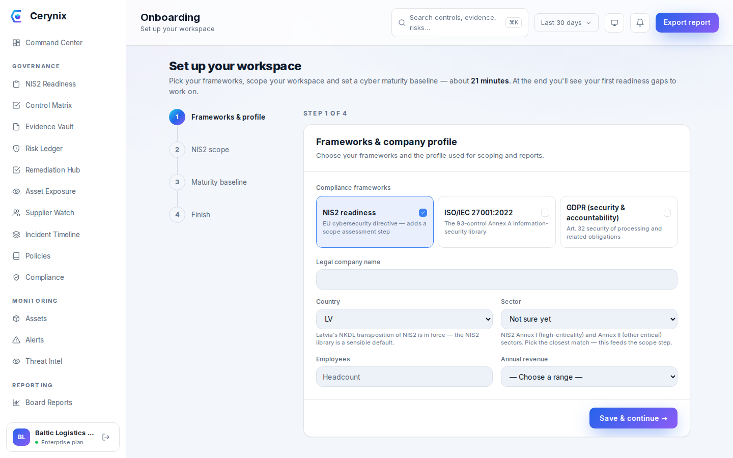 Cerynix onboarding wizard for selecting frameworks and scoping the organization